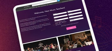 New music teacher online resources on a tablet set on a purple background.